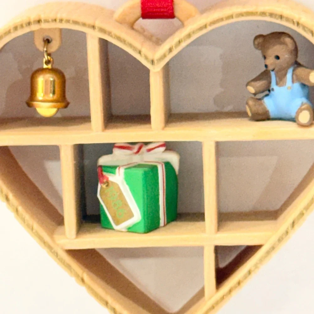 Vintage 1986 Hallmark Loving Memories Heart Shadow Box Teddy Bear Ornament